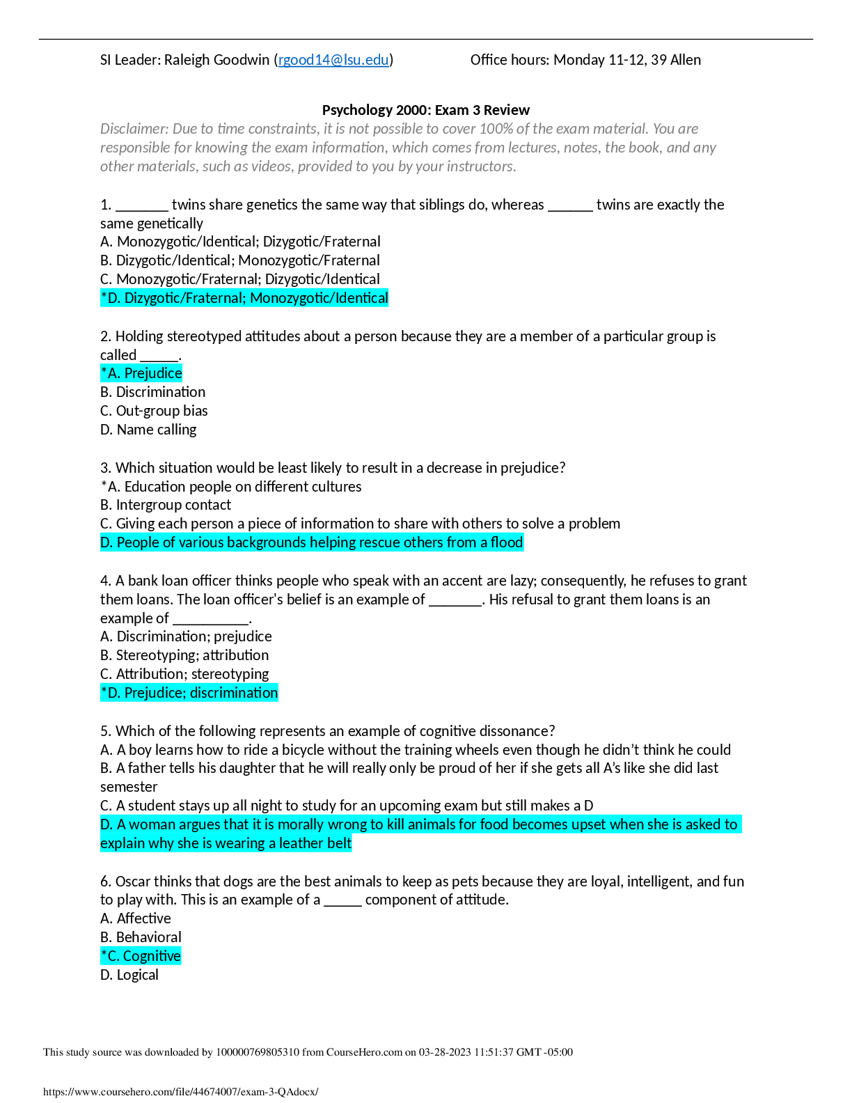 Preview image for Psychology 2000 Exam 3 Review (1)