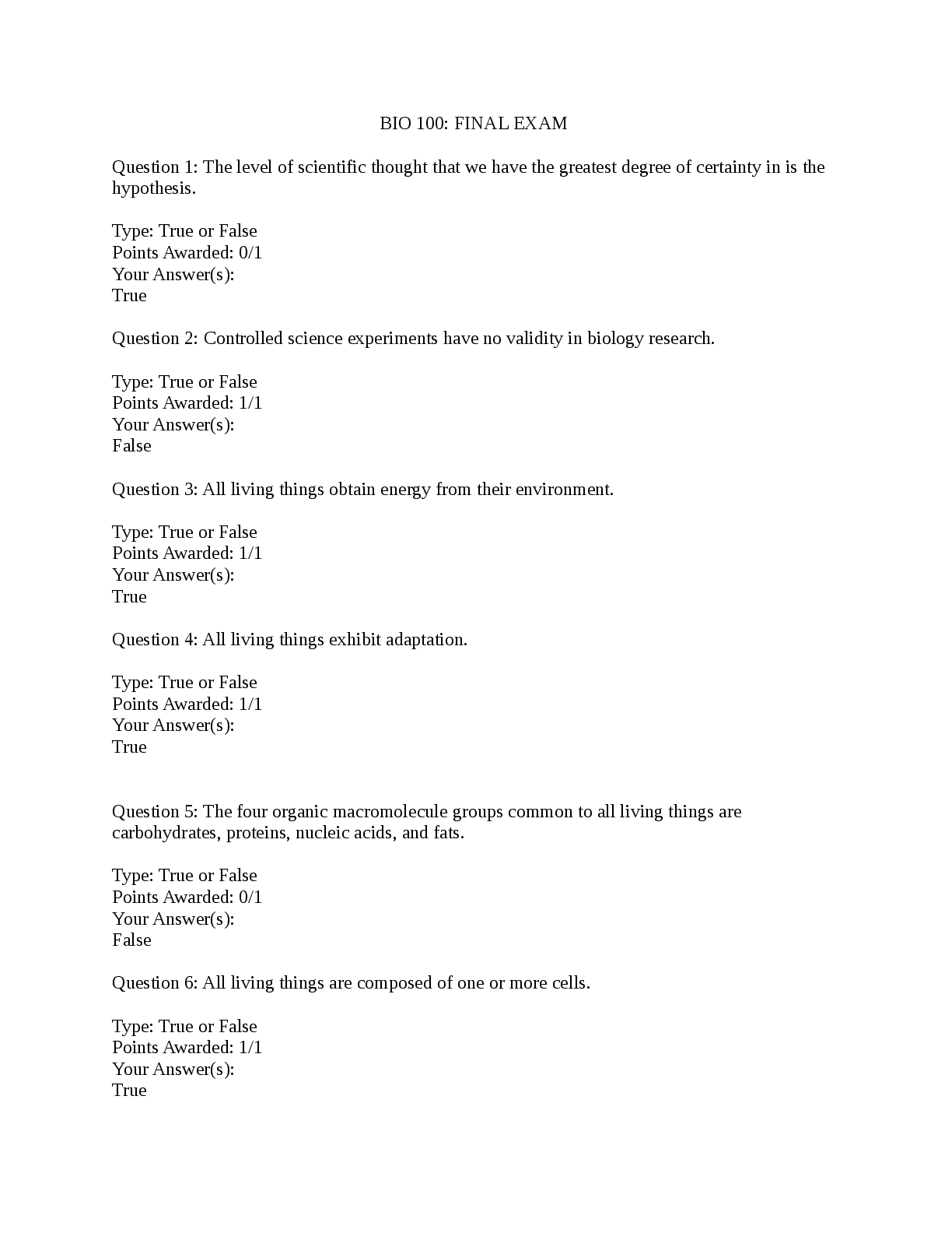 Preview image for BIO 100 Introduction to Biology Final Exam Questions and Answers