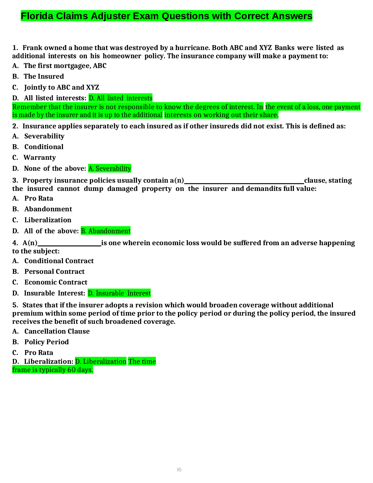Preview image for Florida Claims Adjuster Exam Questions with Correct Answers