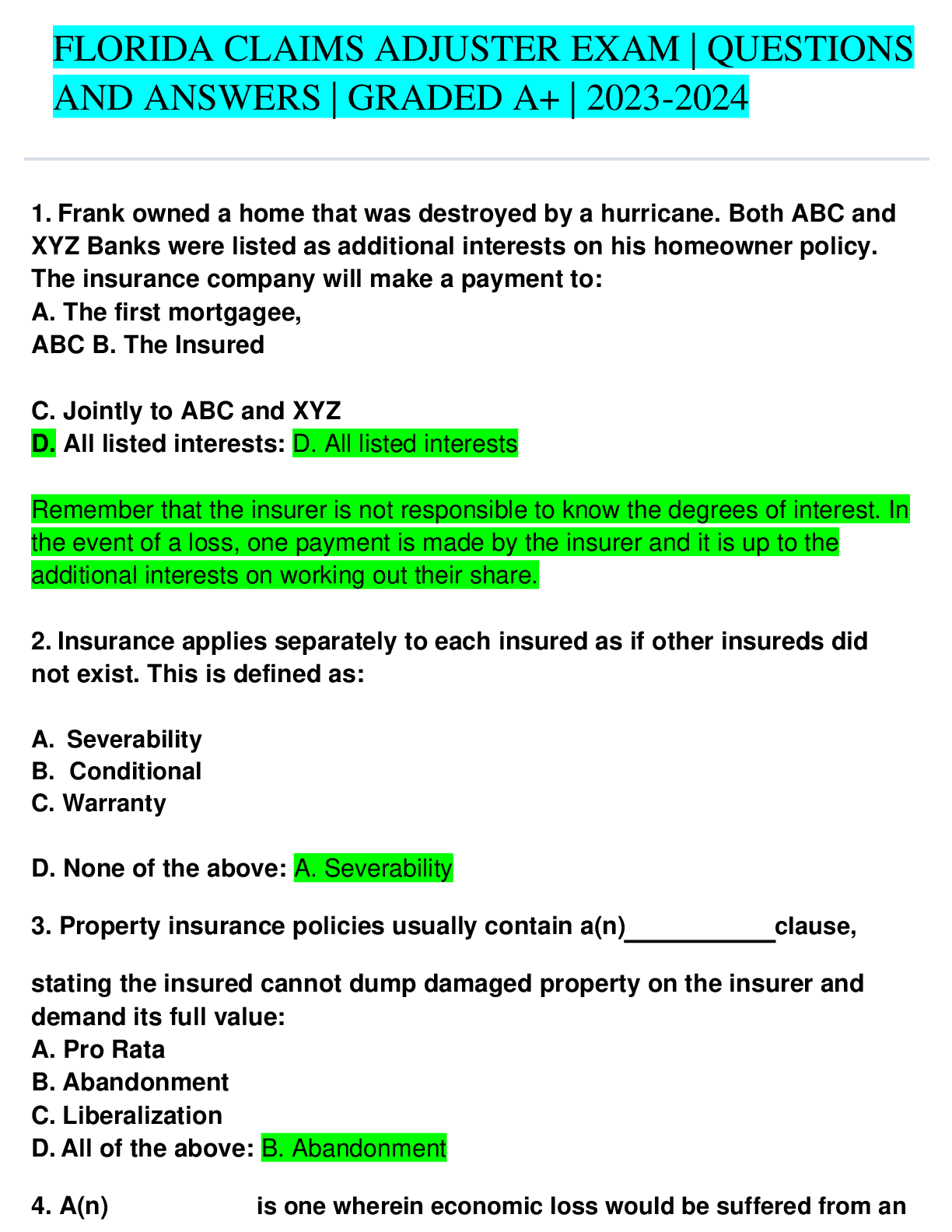 Preview image for FLORIDA CLAIMS ADJUSTER EXAM  QUESTIONS AND ANSWERS  GRADED A+  2023-2024