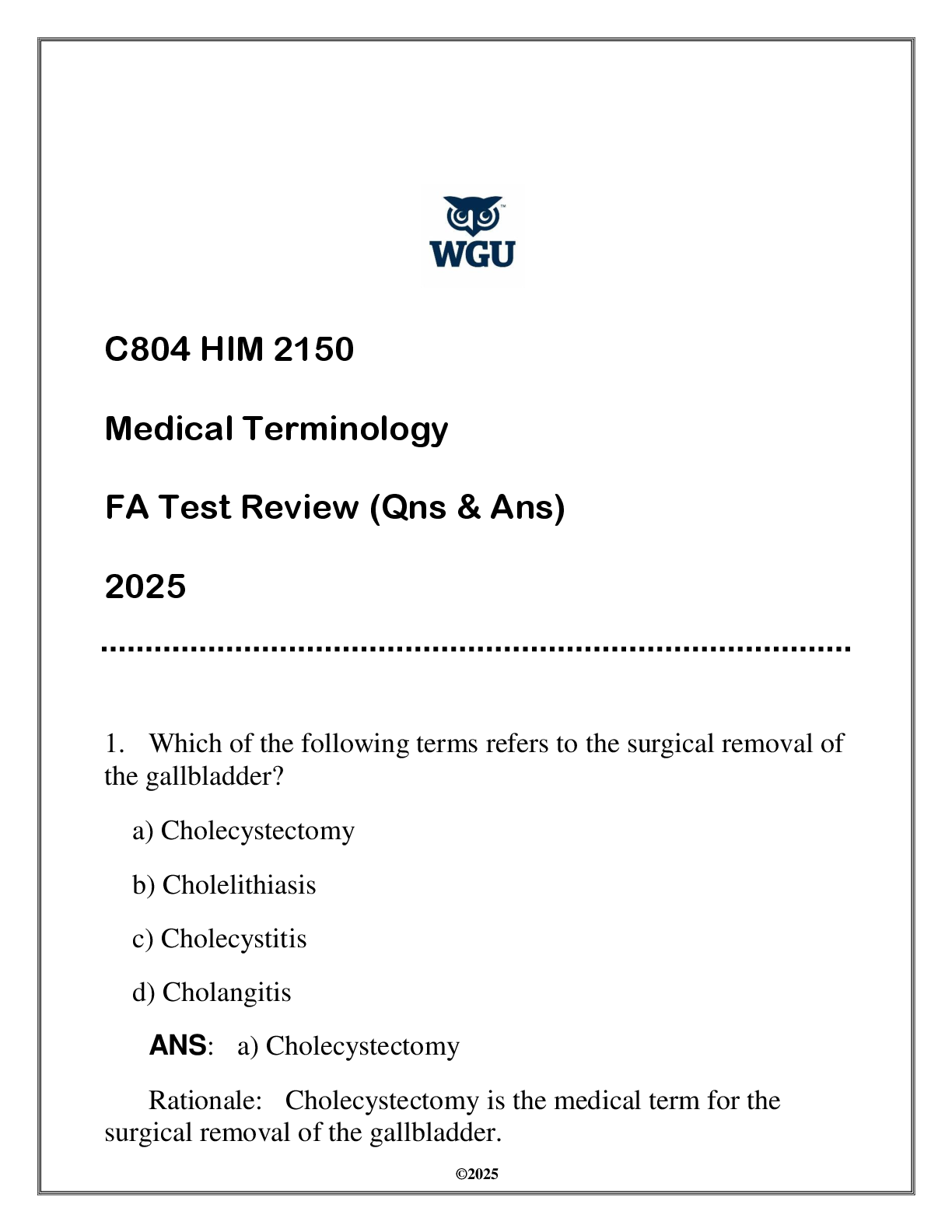 Preview image for HIM 2150 (C804 Medical Terminology) FA Test Review (Qns & Ans) 2025
