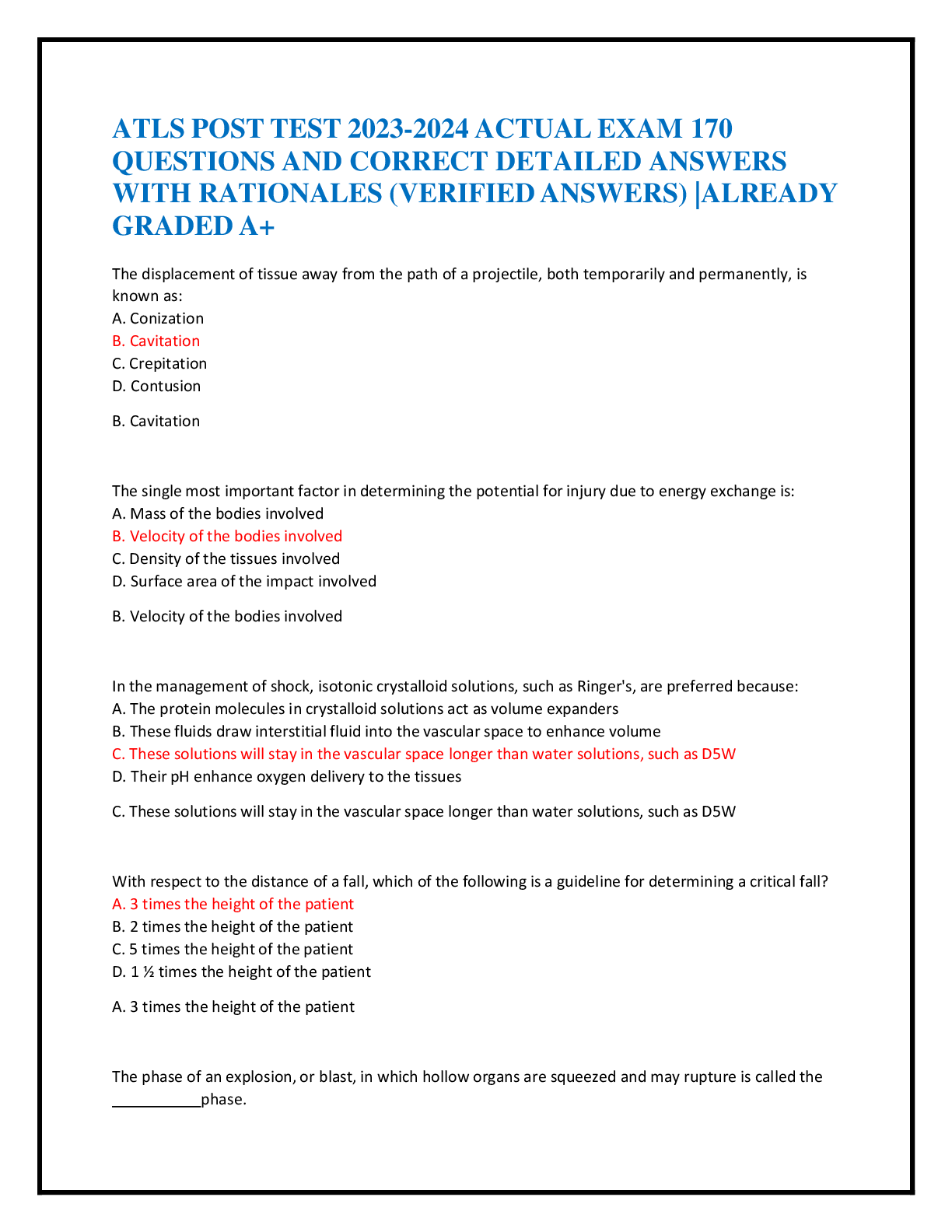 Preview image for ATLS POST TEST 2023-2024 ACTUAL EXAM 170 QUESTIONS AND CORRECT DETAILED ANSWERS WITH RATIONALES (VERIFIED ANSWERS) ALREADY GRADED A+