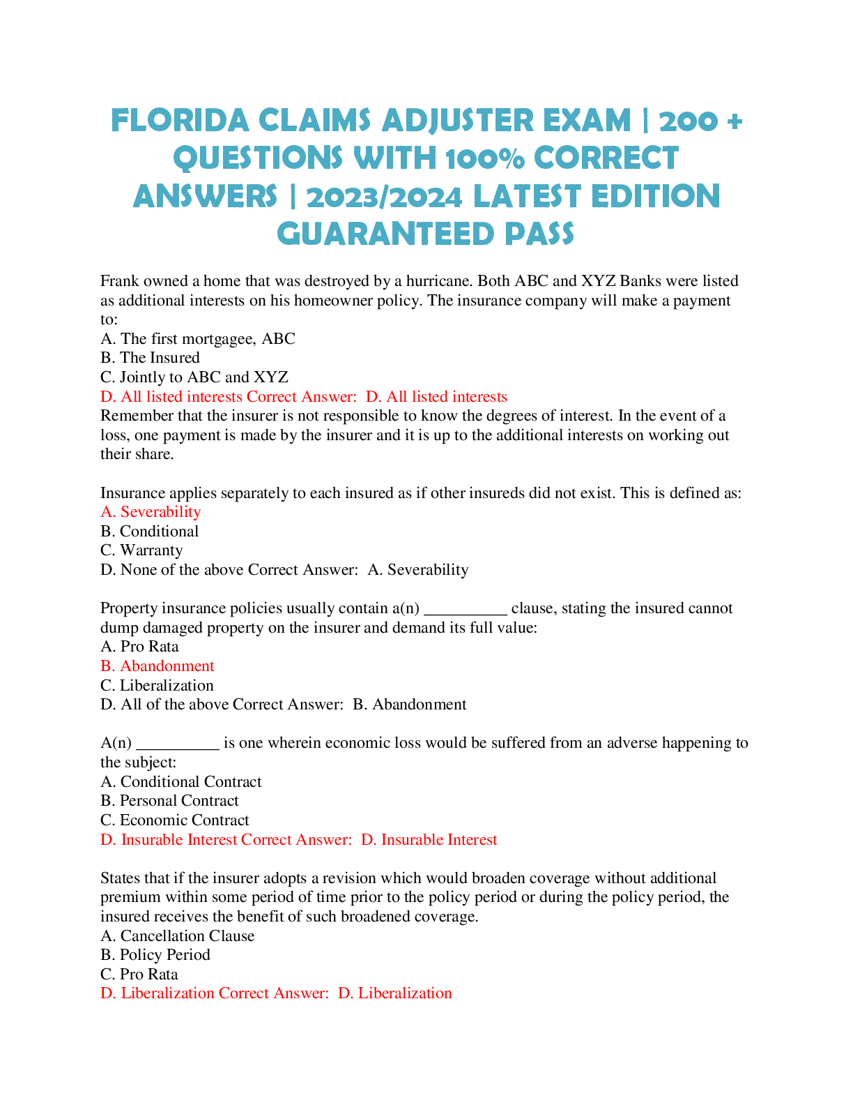Preview image for FLORIDA CLAIMS ADJUSTER EXAM  200 + QUESTIONS WITH 100% CORRECT ANSWERS  20232024 LATEST EDITION GUARANTEED PASS