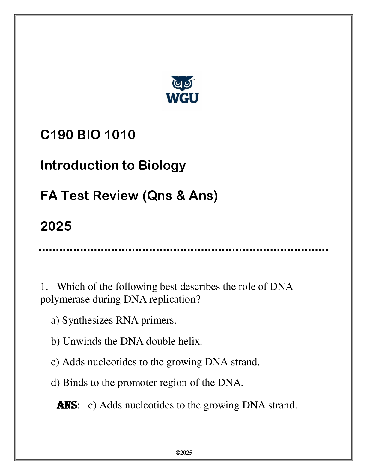 Preview image for BIO 1010 (C190 Intro to Biology) FA Test Review (Qns & Ans) 2025