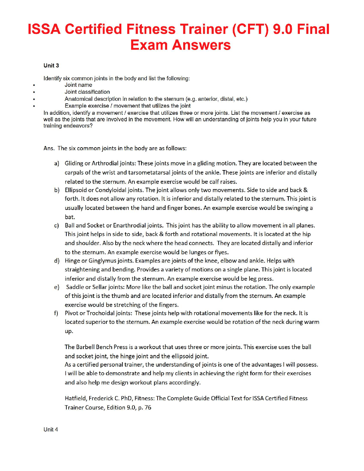 Preview of ISSA Certified Fitness Trainer (CFT) 9.0 Final Exam Answers