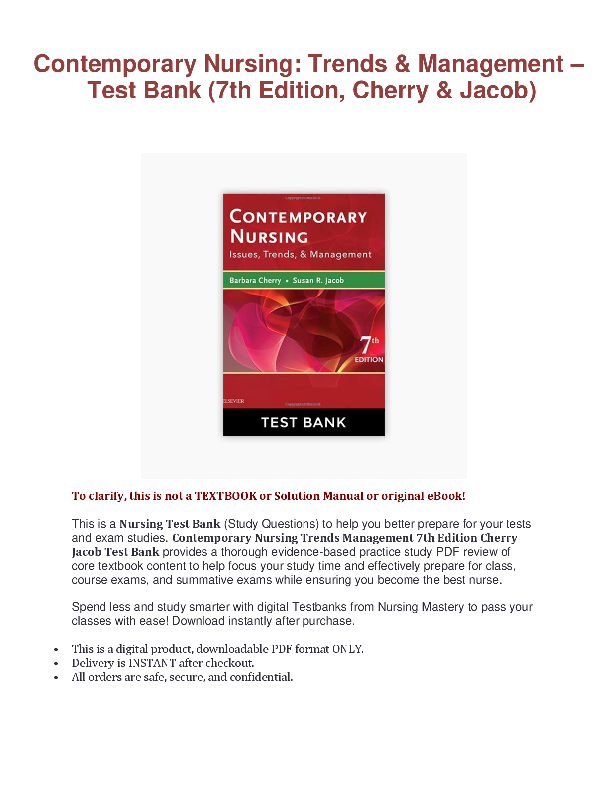 🩺 Contemporary Nursing: Trends & Management – Test Bank (7th Edition, Cherry & Jacob) 🩺