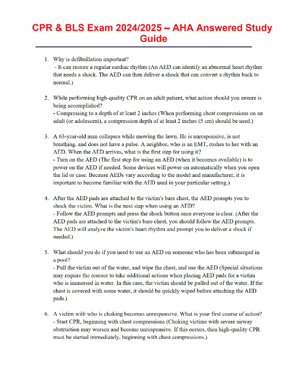 🏥 CPR & BLS Exam 2024/2025 – AHA Answered Study Guide 🏥