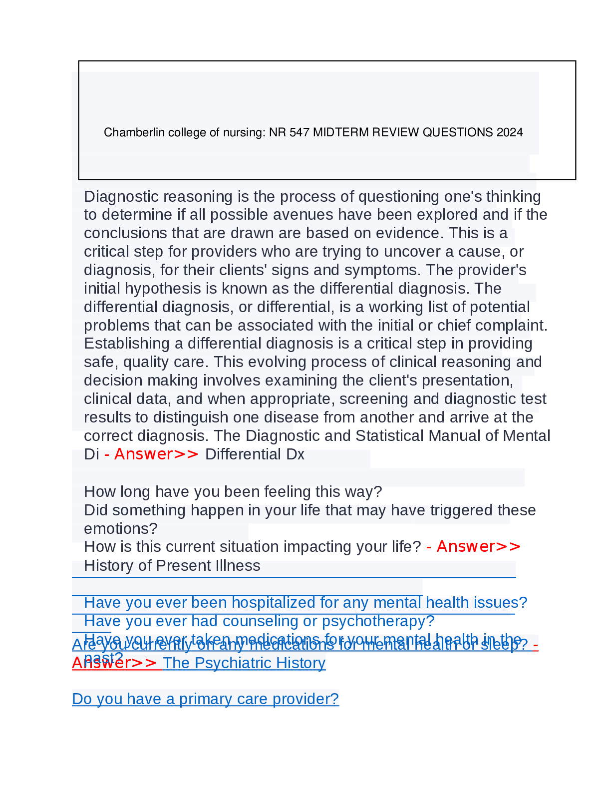Preview of Chamberlin college of nursing: NR 547 MIDTERM REVIEW QUESTIONS 2024