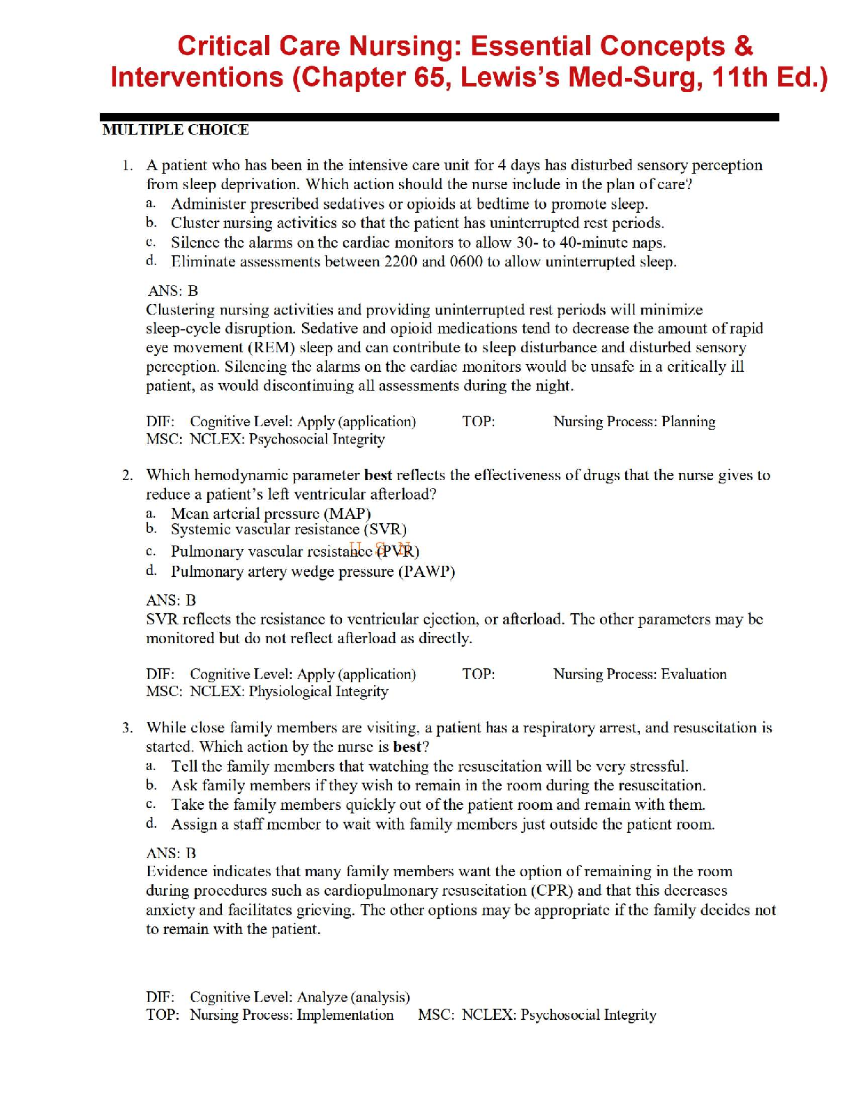 Recommended document preview for 🚑 Critical Care Nursing: Essential Concepts & Interventions (Chapter 65, Lewis’s Med-Surg, 11th Ed.) 🚑