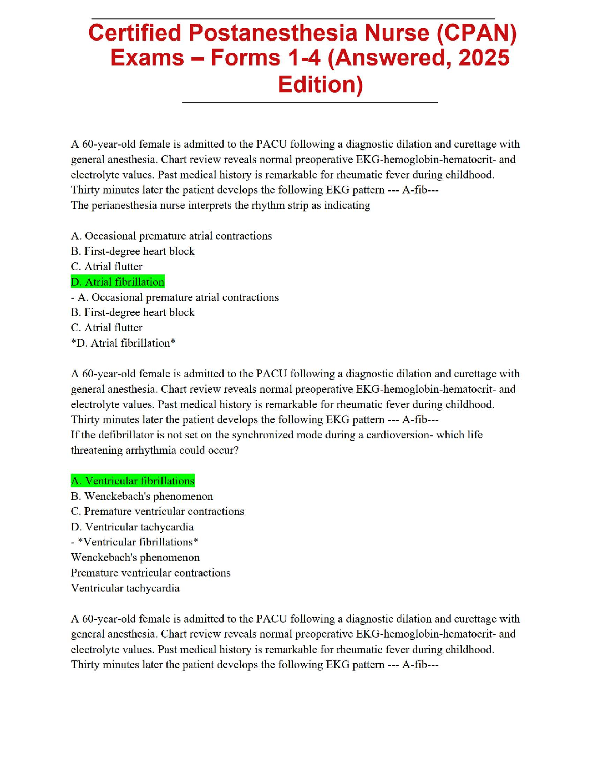 🩺 Certified Postanesthesia Nurse (CPAN) Exams – Forms 1-4 (Answered, 2025 Edition) 🩺