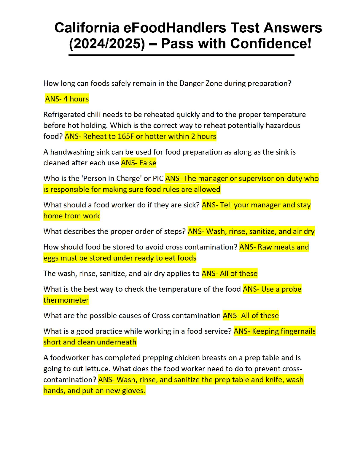 🍽️ California eFoodHandlers Test Answers (2024/2025) – Pass with Confidence! 🍽️
