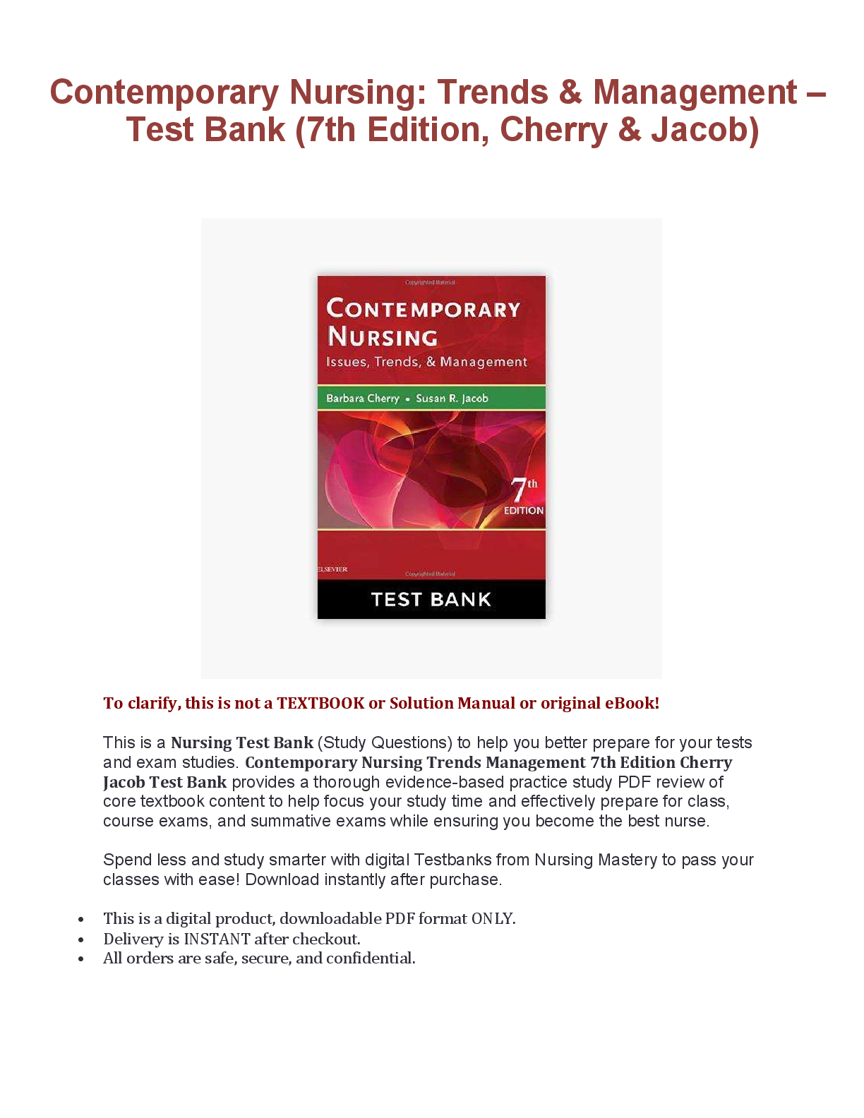 🩺 Contemporary Nursing: Trends & Management – Test Bank (7th Edition, Cherry & Jacob) 🩺