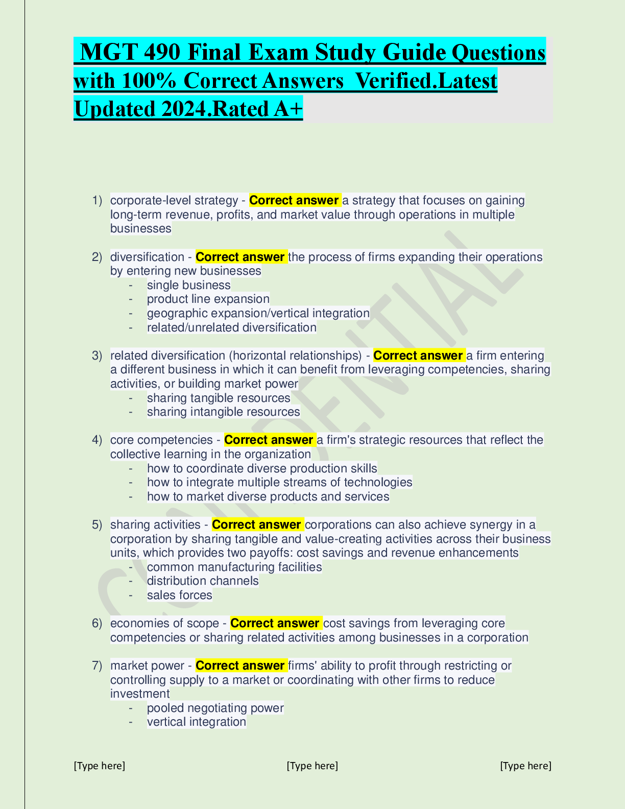 MGT 490 Final Exam Study Guide Questions with 100 Correct Answers Verified.Latest Updated 2024.Rated A