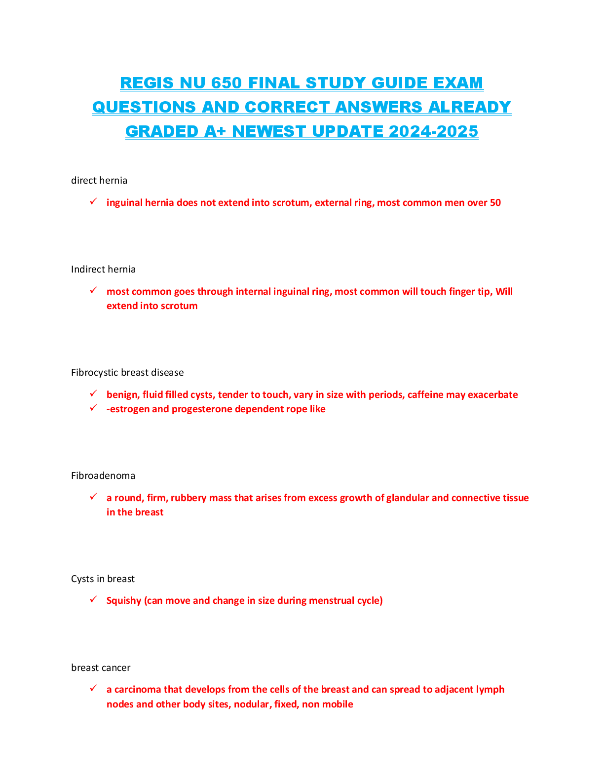 Preview of REGIS NU 650 FINAL STUDY GUIDE EXAM QUESTIONS AND CORRECT ANSWERS ALREADY GRADED A+ NEWEST
