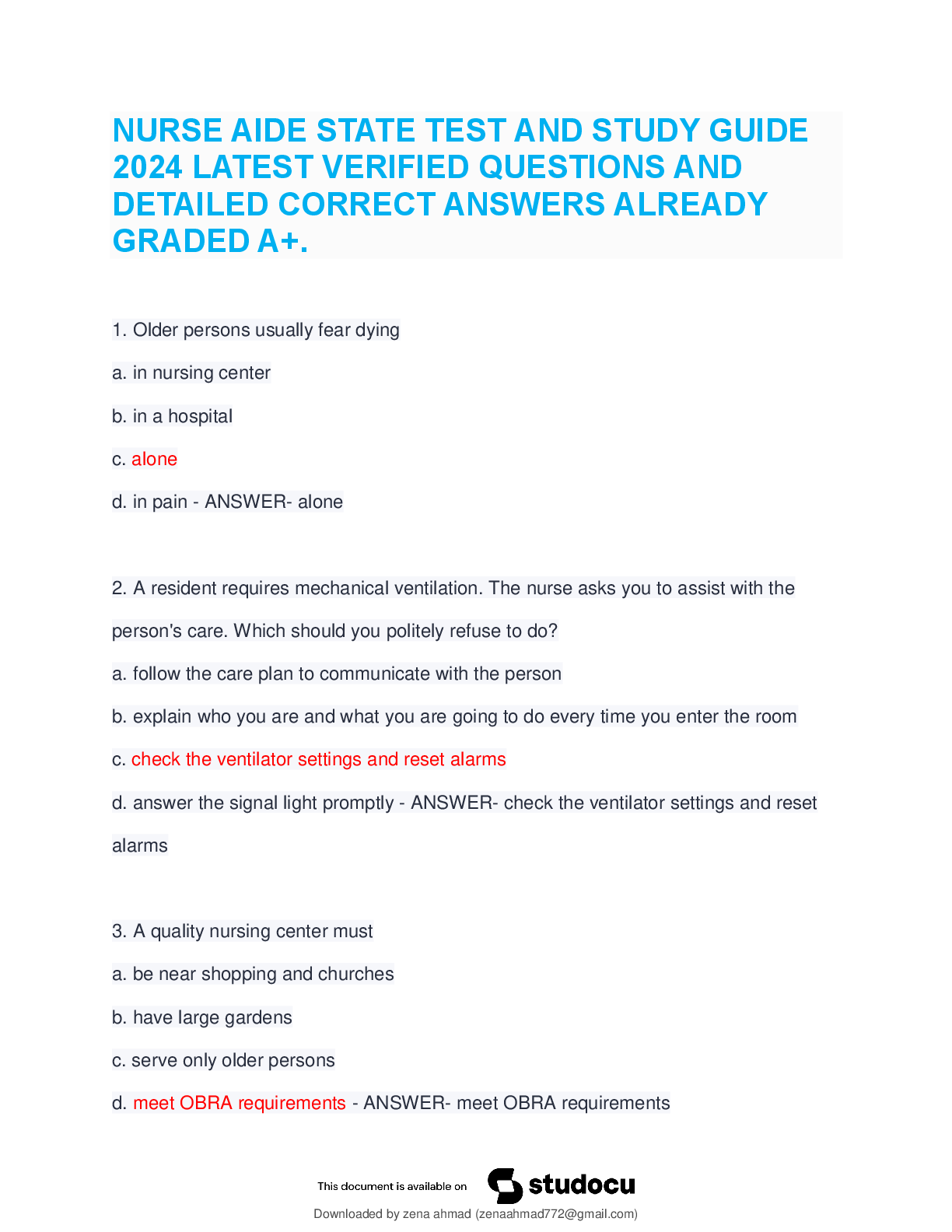Preview of NURSE AIDE STATE TEST AND STUDY GUIDE 2024 LATEST VERIFIED QUESTIONS AND DETAILED CORRECT
