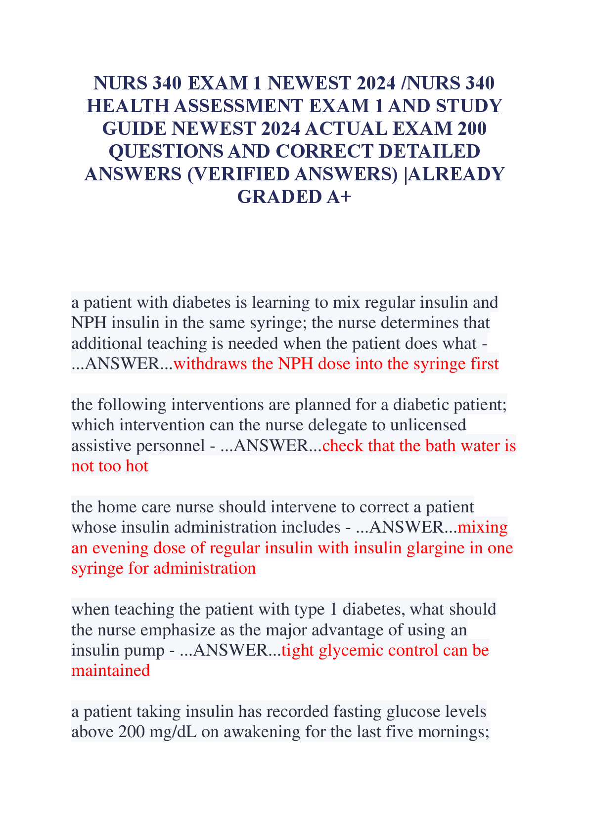 Recommended document preview for NURS 340 EXAM 1 NEWEST 2024 NURS 340 HEALTH ASSESSMENT EXAM 1 AND STUDY GUIDE NEWEST 2024 ACTUAL EXAM 200 QUESTIONS AND CORRECT DETAILED ANSWERS (VERIFIED ANSWERS) ALREADY GRADED A+ (2)