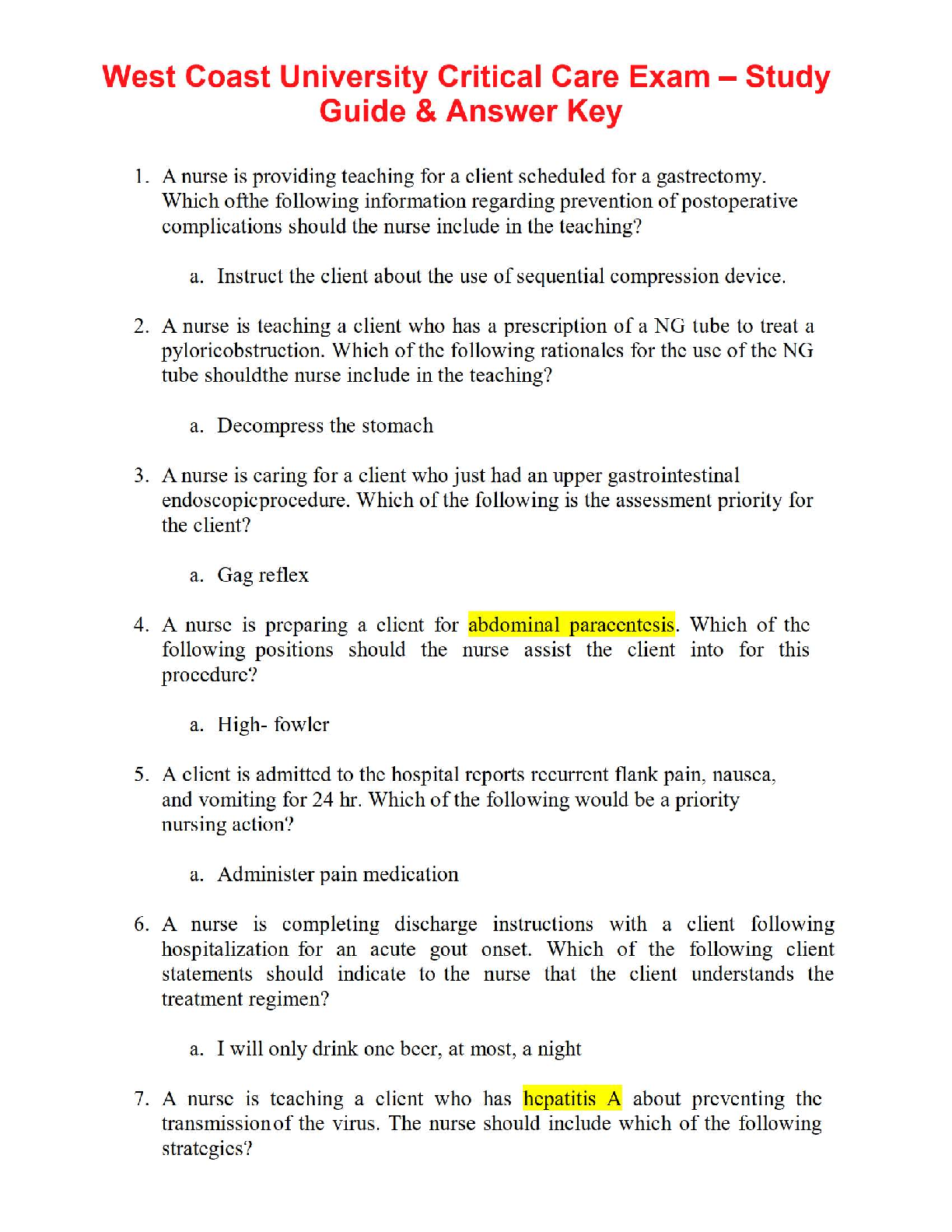 Preview of 🏥 West Coast University Critical Care Exam – Study Guide &amp; Answer Key 🏥