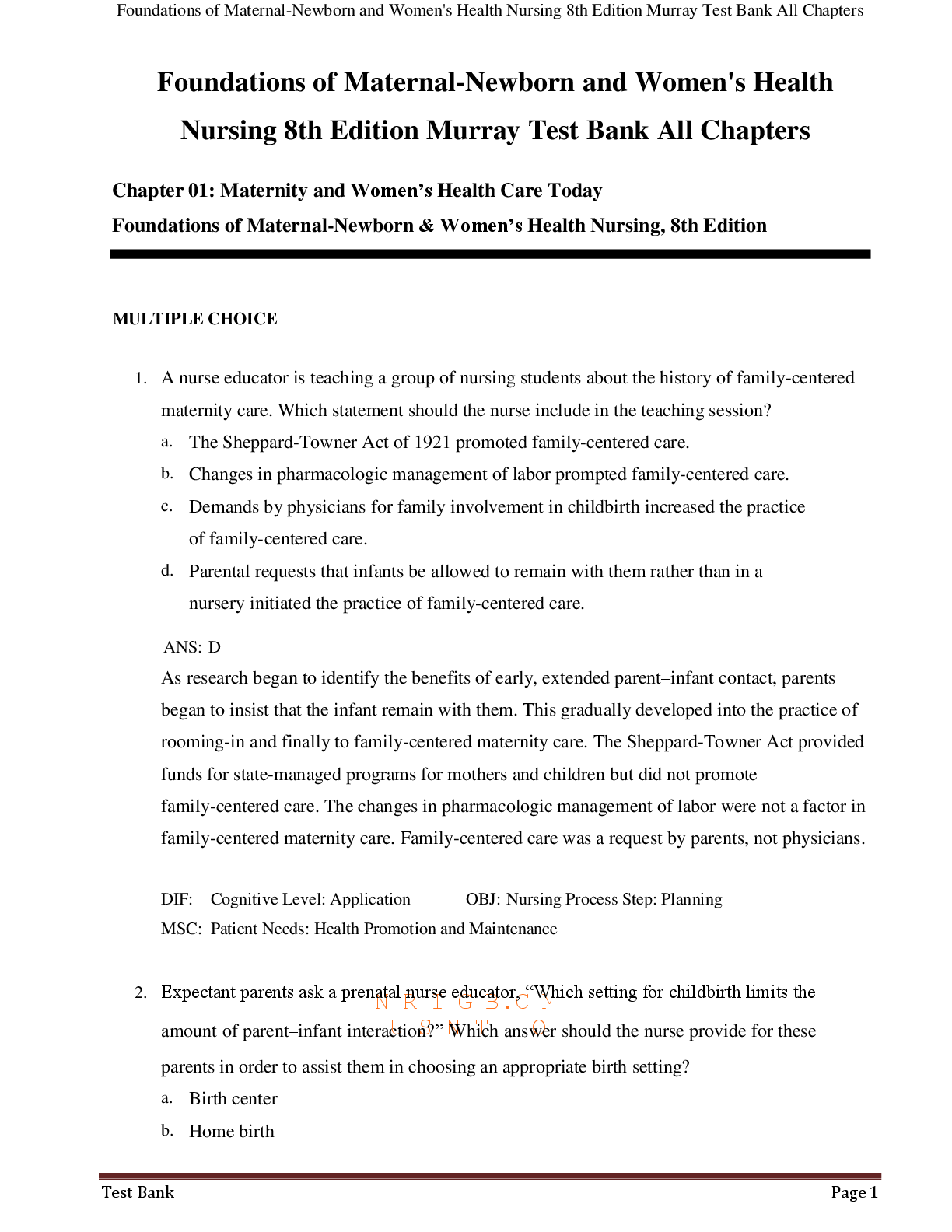 Preview image for Test Bank Foundations of Maternal Newborn and Women's Health Nursing