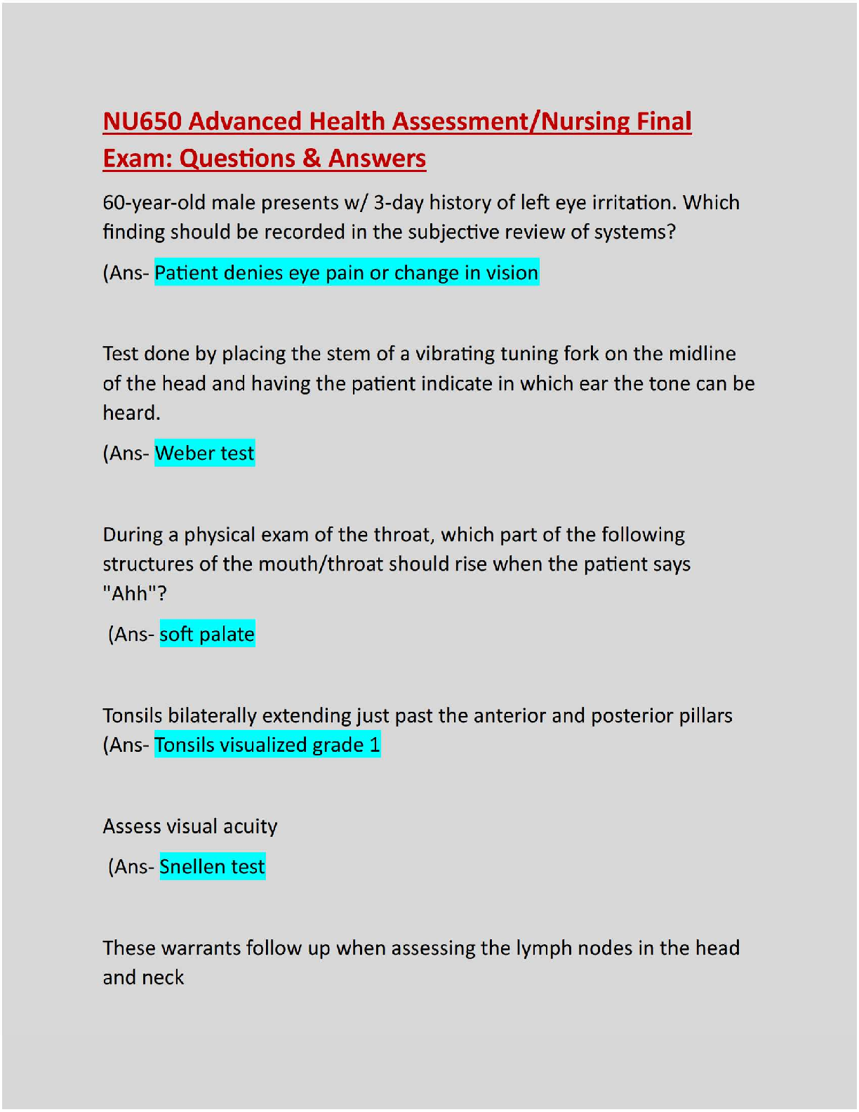 Preview image for NU650/NU650 Advanced Health Assessment/Nursing Final Exam: Questions & Answers