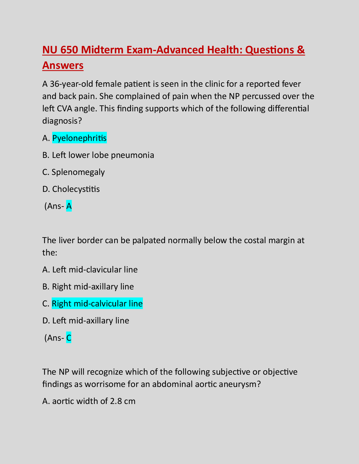 Preview image for NU 650 Midterm Exam-Advanced Health: Questions & Answers: Guaranteed A+ Guide: Updated