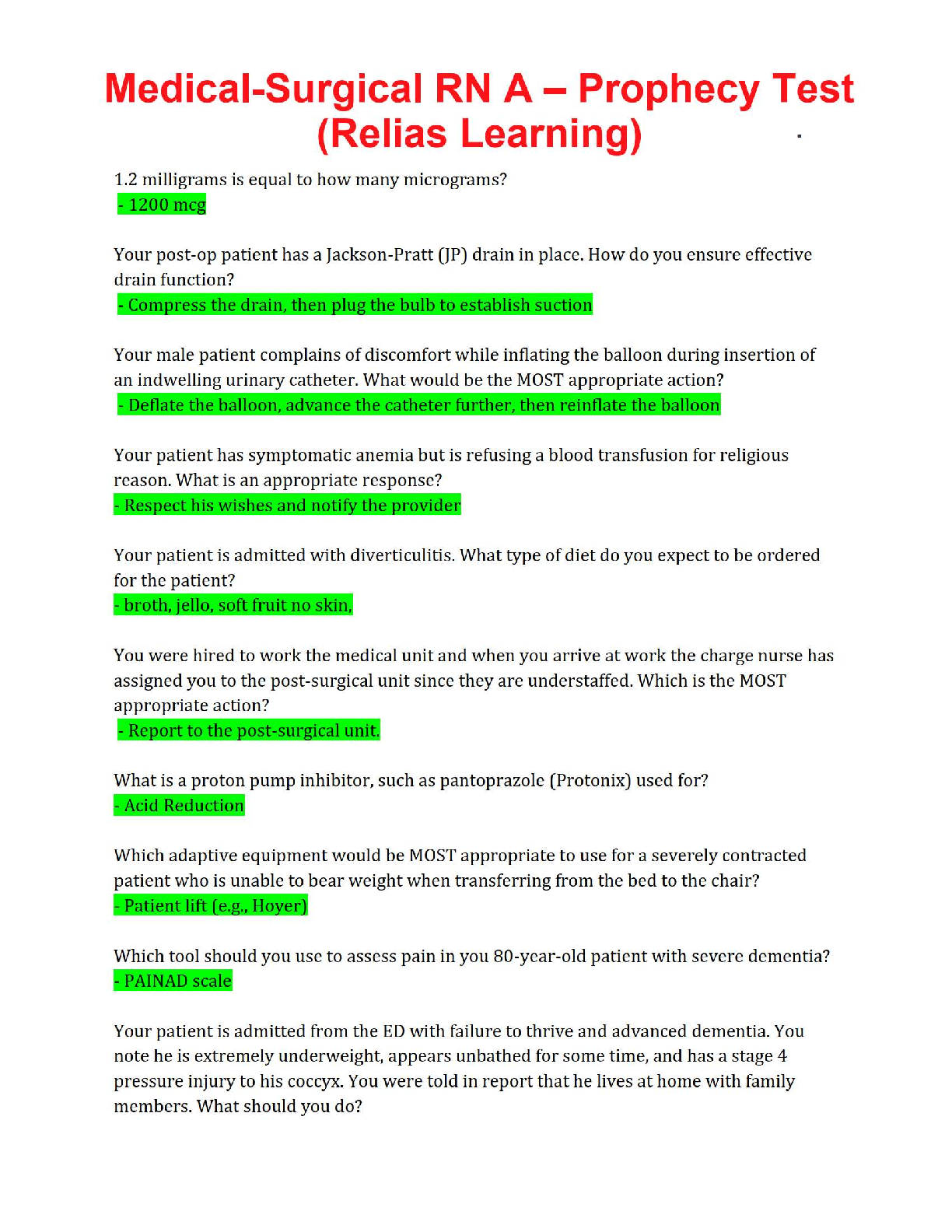 🏥 Medical-Surgical RN A – Prophecy Test (Relias Learning) ✅