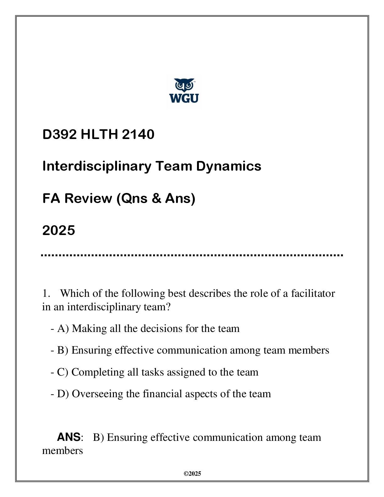 Preview image for HLTH 2140 (D392) Interdisciplinary Team Dynamics FA (Qns & Ans) 2025