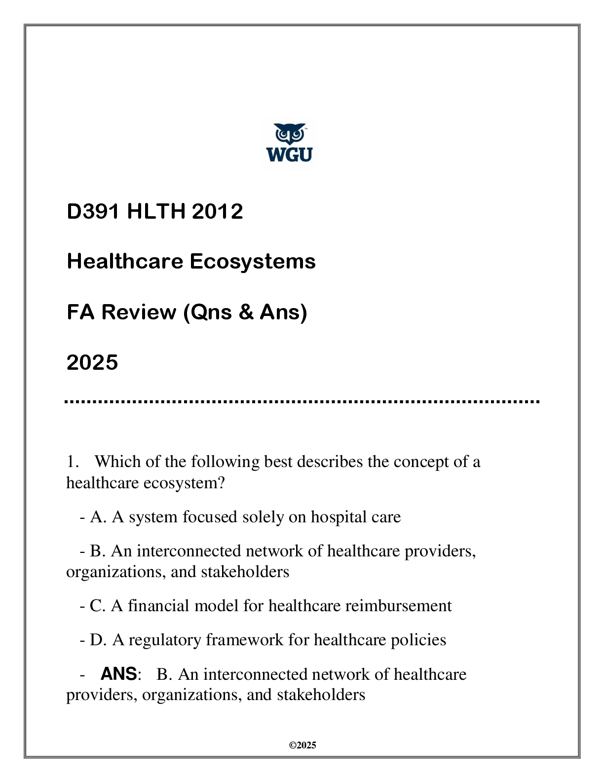 Preview image for HLTH 2012 (D391) Healthcare Ecosystems FA (Qns & Ans) 2025