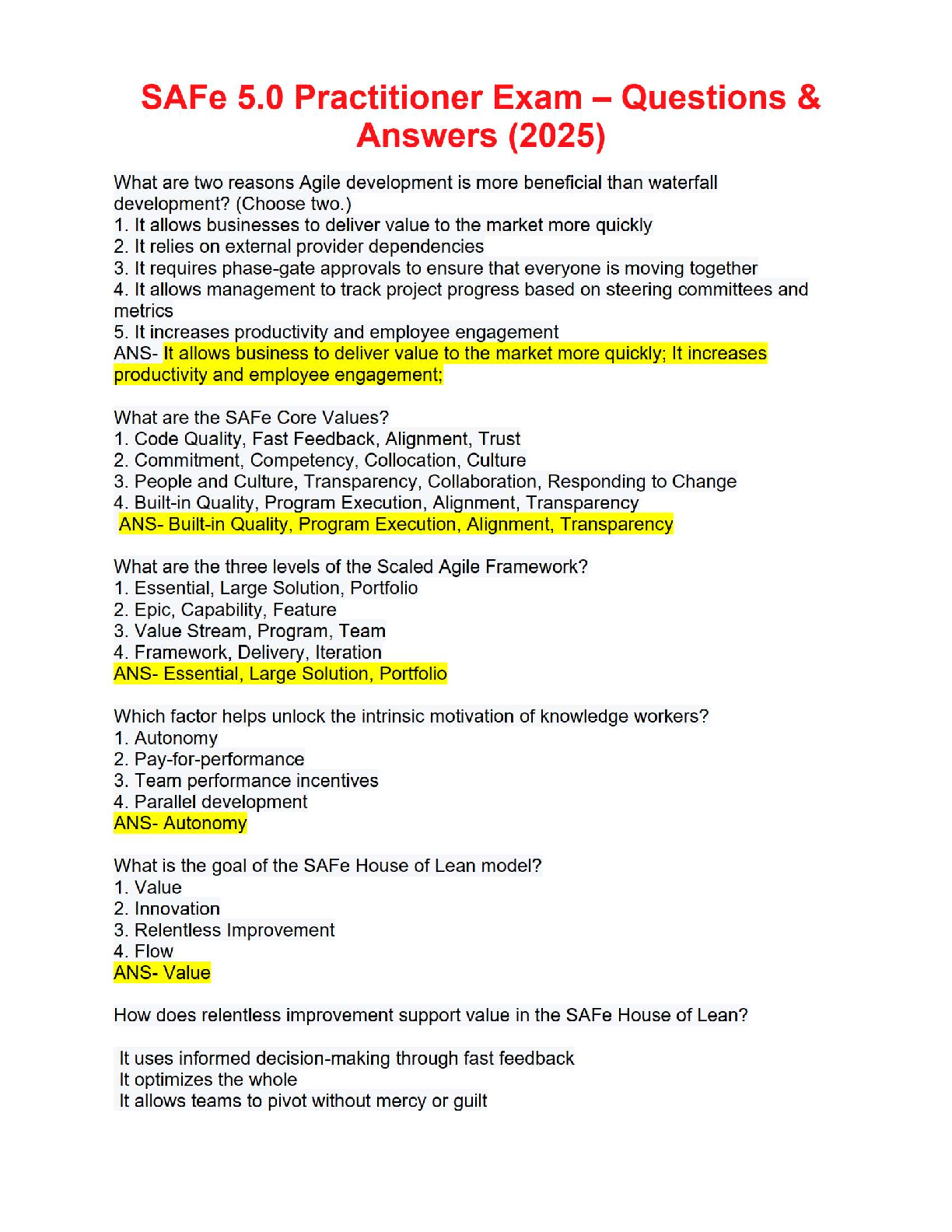 📌 SAFe 5.0 Practitioner Exam – Questions & Answers (2025) 📌