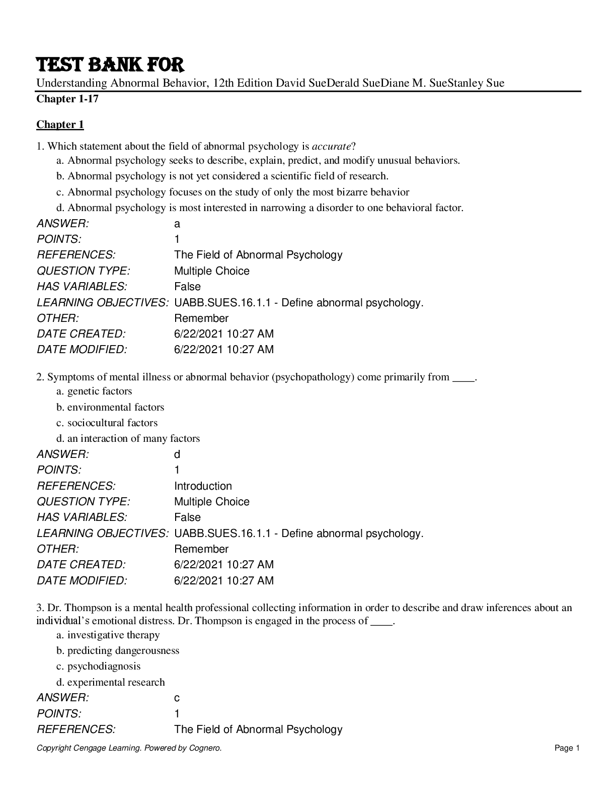 Preview of Test Bank for Understanding Abnormal Behavior, 12th Edition