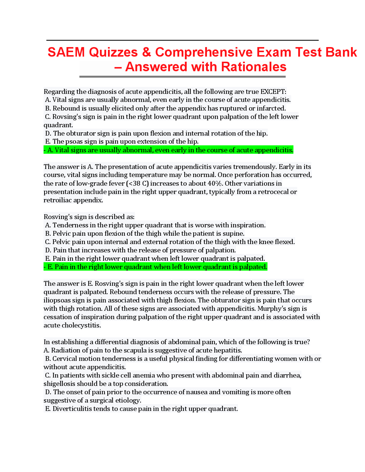 📝 SAEM Quizzes & Comprehensive Exam Test Bank – Answered with Rationales