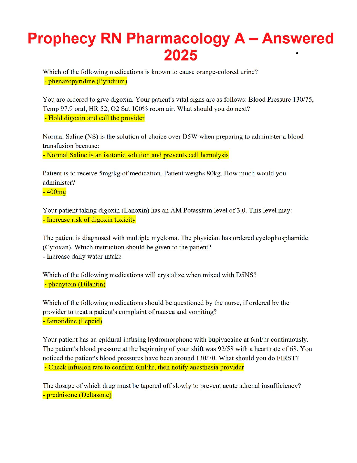 📘 Prophecy RN Pharmacology A – Answered 2025 ✅