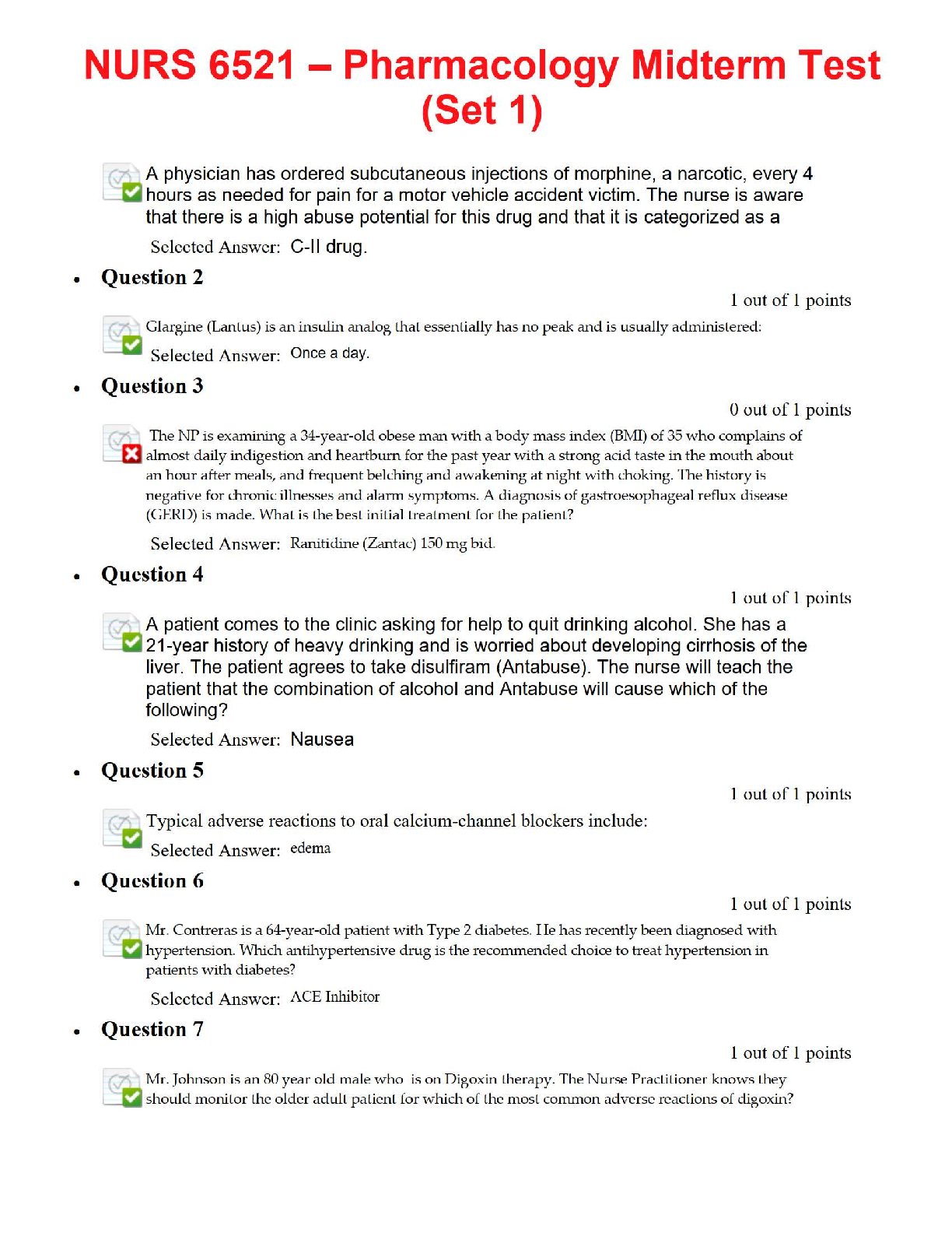 📘 NURS 6521 – Pharmacology Midterm Test (Set 1) ✅