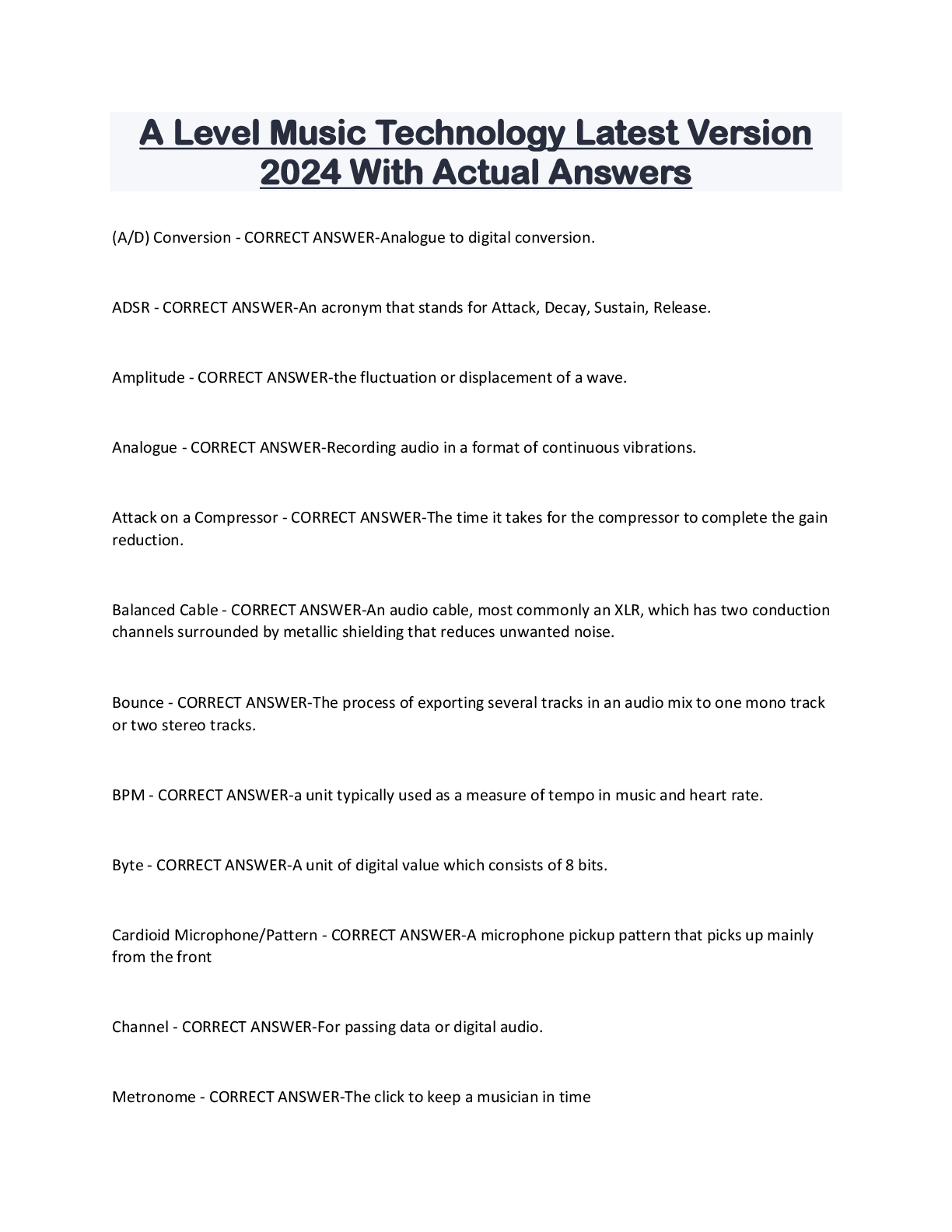 Preview of A Level Music Technology Latest Version 2024 With Actual Answers