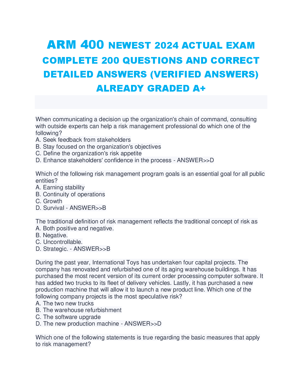 ARM 400 NEWEST 2024 ACTUAL EXAM COMPLETE 200 QUESTIONS AND CORRECT DETAILED ANSWERS (VERIFIED ANSWER