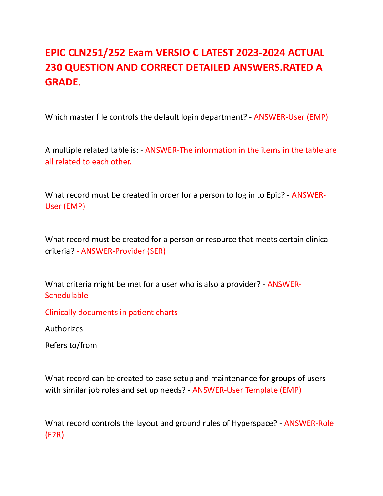 Preview of EPIC CLN251252 Exam VERSIO C LATEST 2023-2024 ACTUAL 230 QUESTION AND CORRECT DETAILED ANS