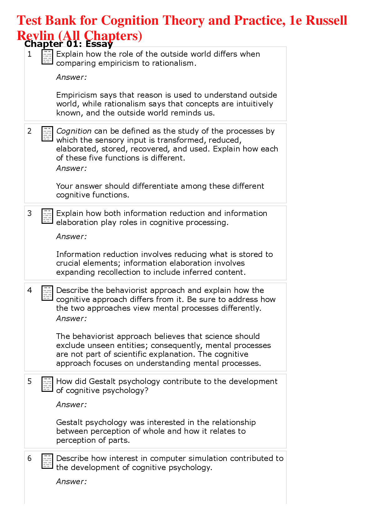 Preview of Test Bank for Cognition Theory and Practice, 1e Russell Revlin (All Chapters)