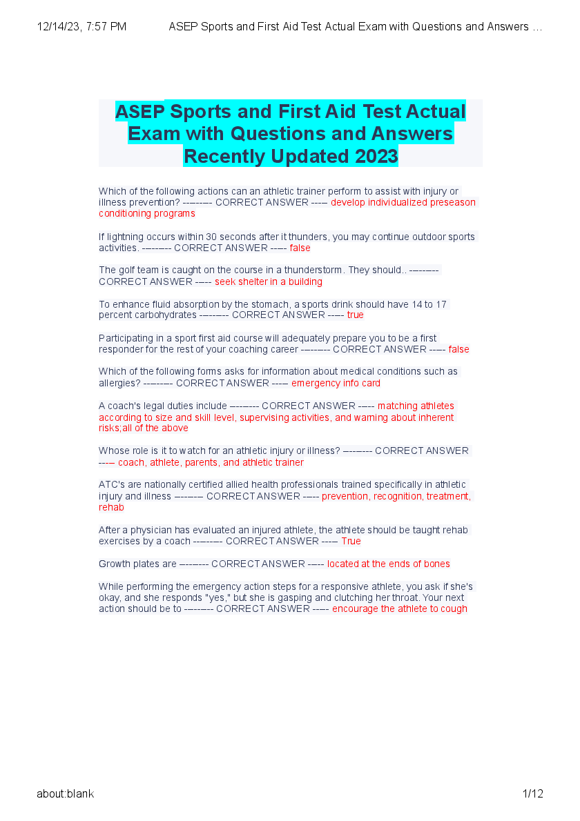 Preview of ASEP Sports and First Aid Test Actual Exam with Questions and Answers Recently Updated 202