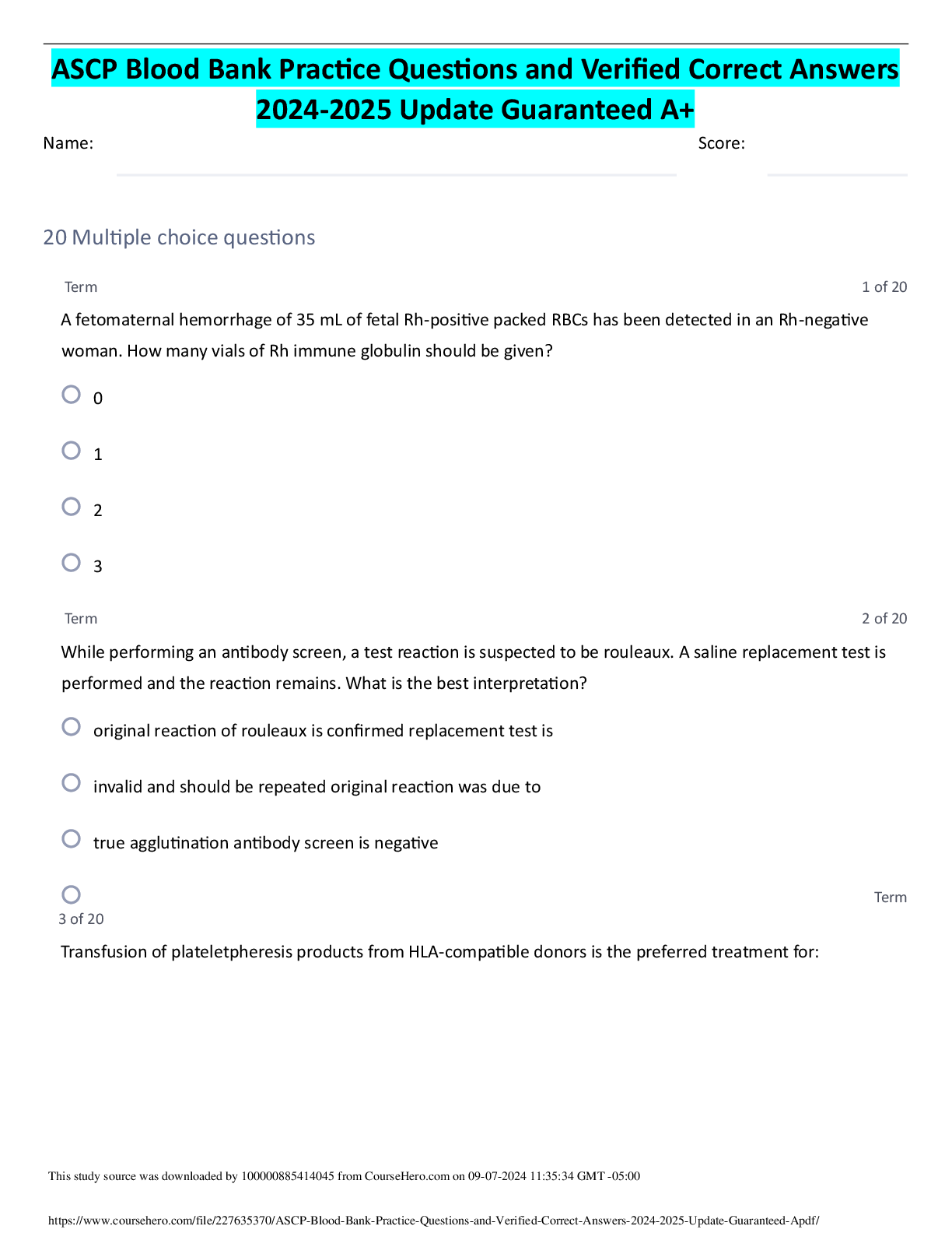 Preview image for ASCP Blood Bank Practice Questions and Verified Correct Answers 2024-2025 Update Guaranteed A