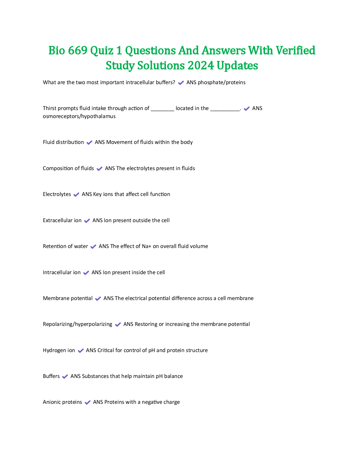Preview of Bio 669 Quiz 1 Questions And Answers With Verified Study Solutions 2024 Updates