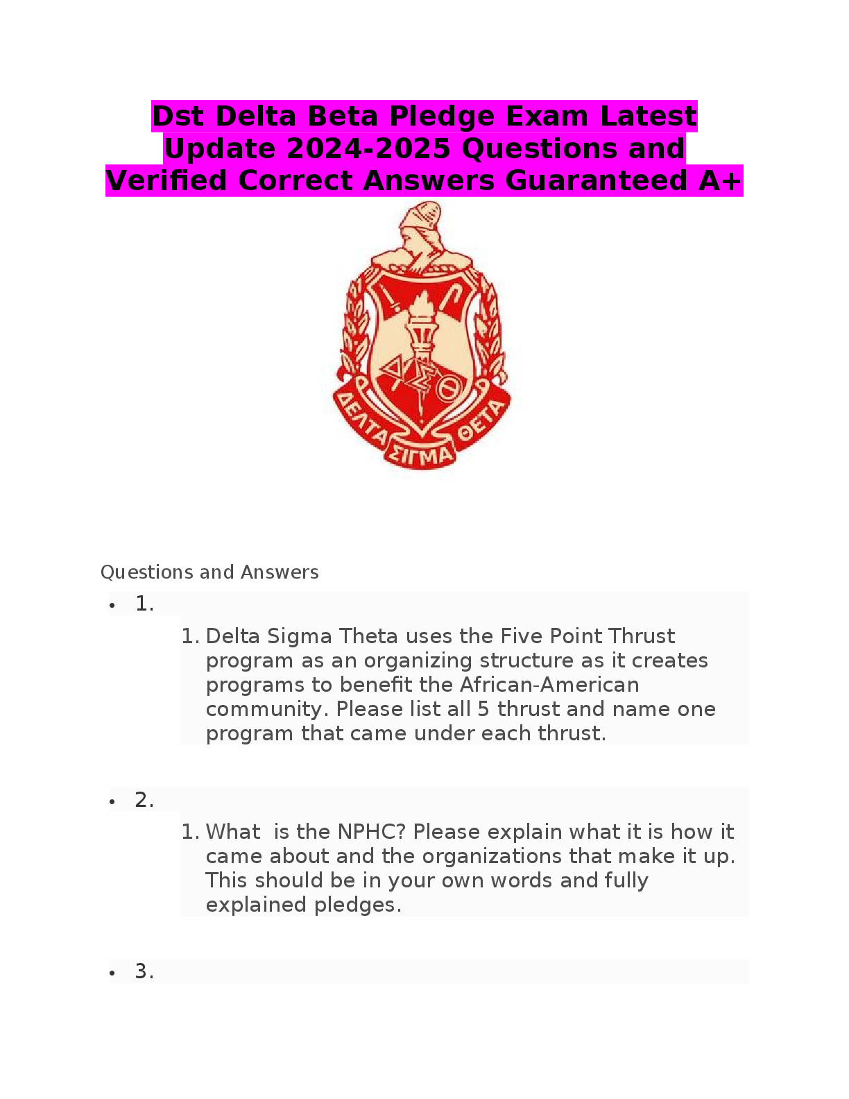 Dst Delta Beta Pledge Exam Latest Update 2024-2025 Questions and Verified Correct Answers Guaranteed A+