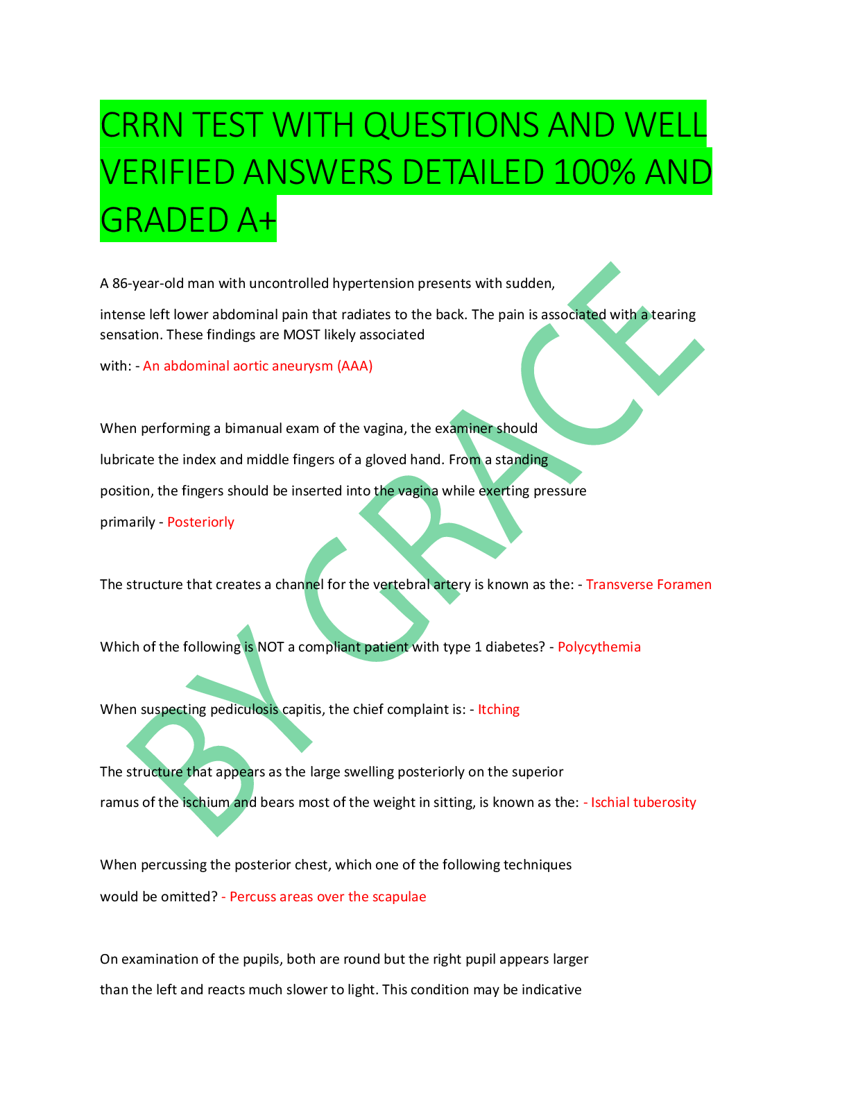 Preview image for CRRN TEST WITH QUESTIONS AND WELL VERIFIED ANSWERS DETAILED 100