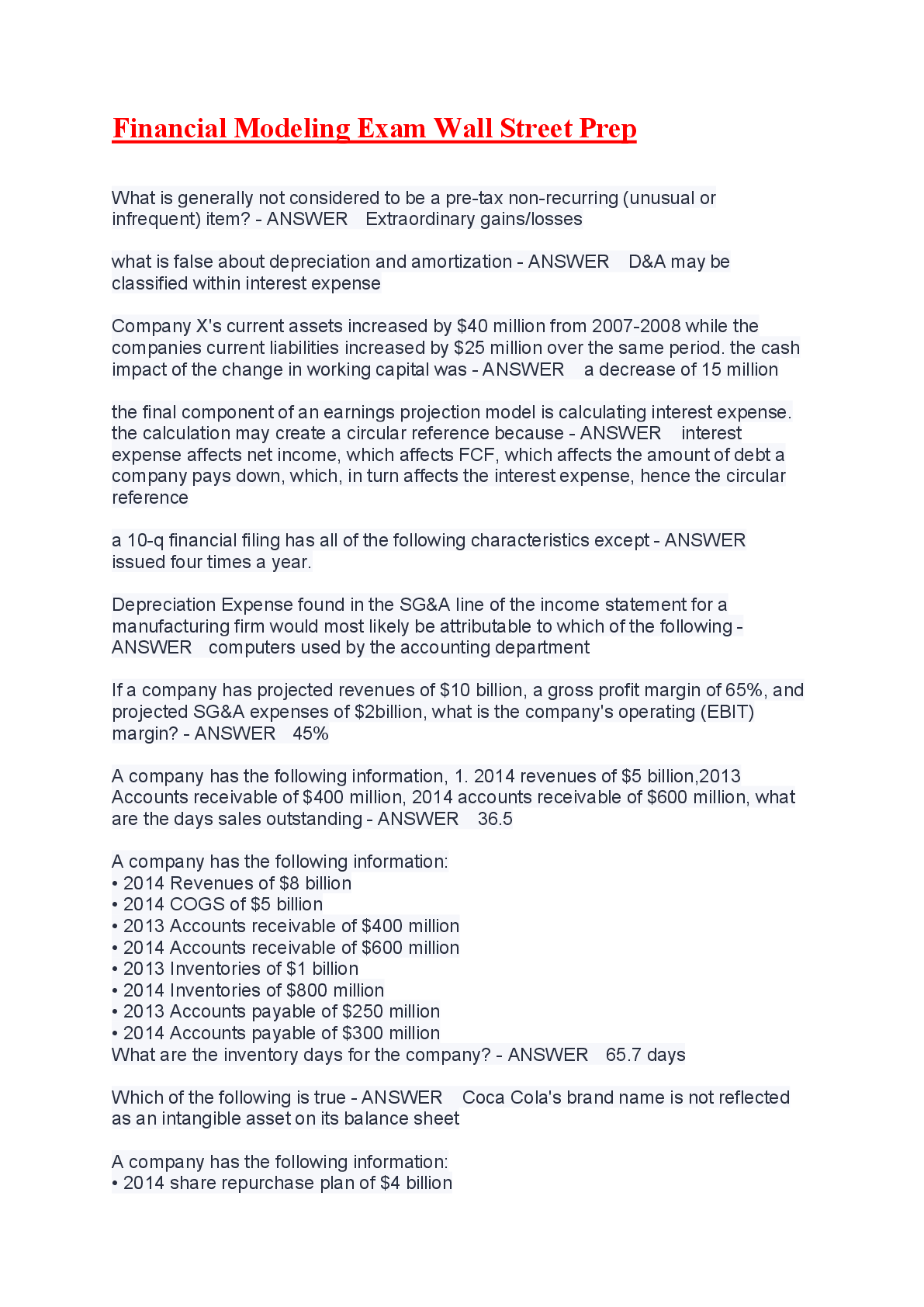 Preview image for Financial Modeling Exam Wall Street Prep 2024! 100% CORRECT ANSWERS