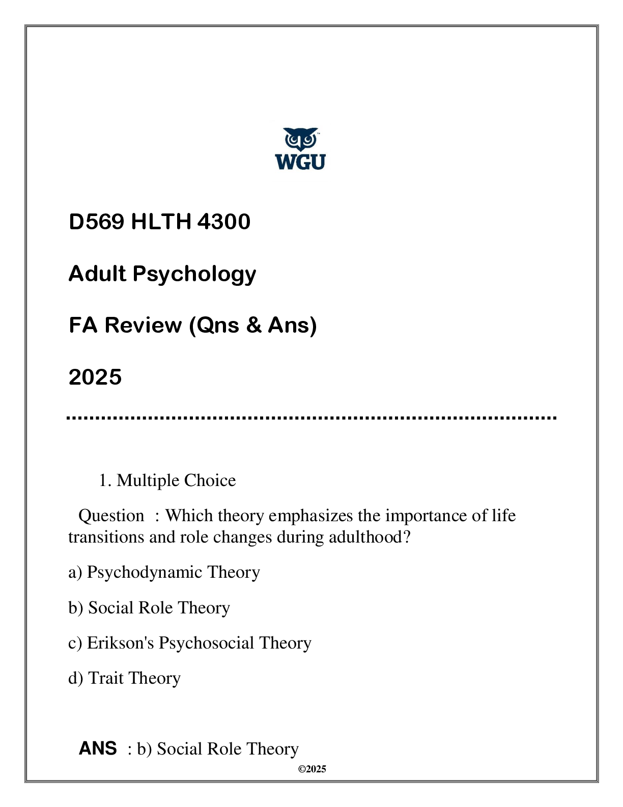 Preview image for D569 HLTH 4300 (Adult Psychology) FA Review 2025 (Qns & Ans)