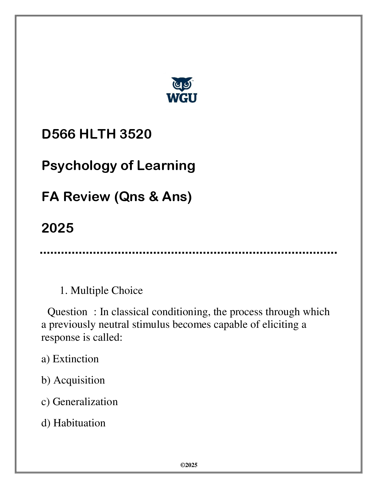 Preview image for D566 HLTH 3520 (Psychology & Learning) FA Review 2025 (Qns & Ans)