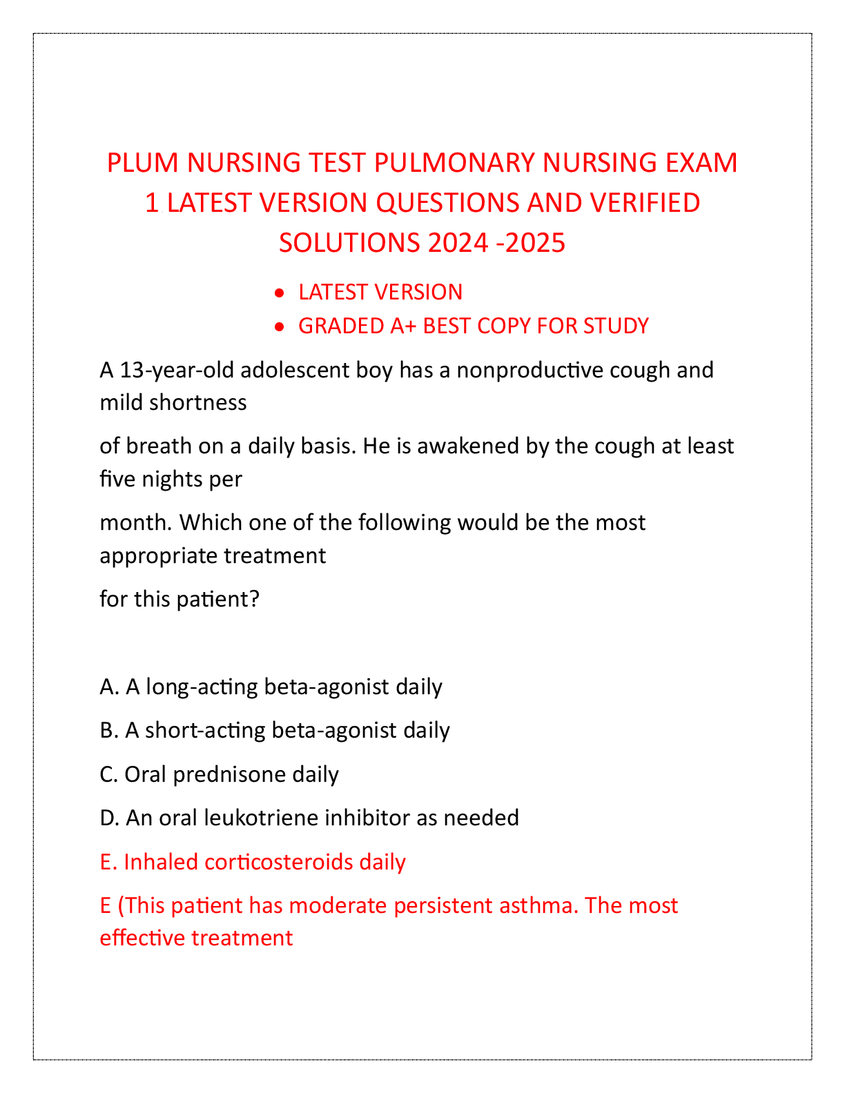 Preview image for PLUM NURSING TEST PULMONARY NURSING EXAM 1 LATEST VERSION QUESTIONS AND VERIFIED SOLUTIONS 2024