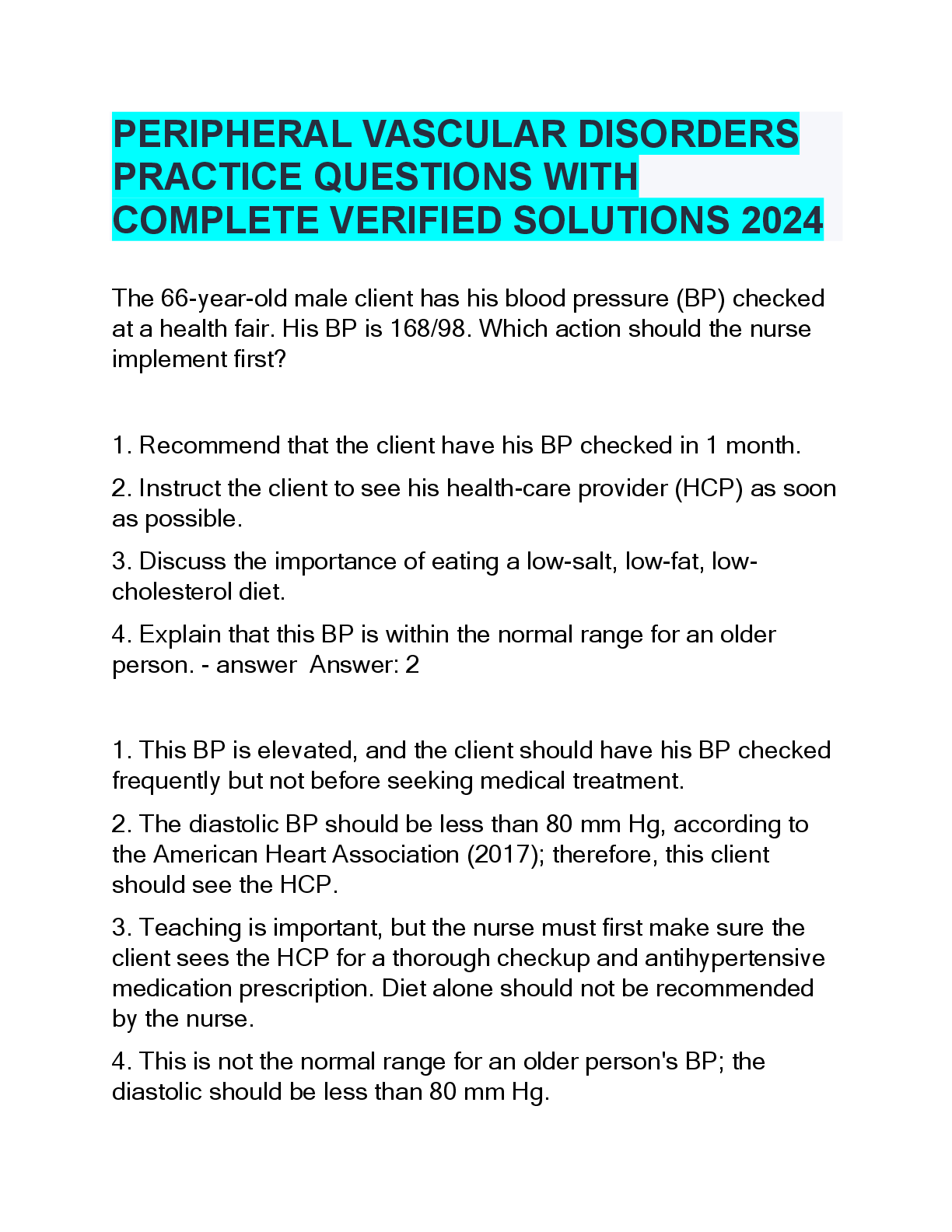 Preview image for PERIPHERAL VASCULAR DISORDERS PRACTICE QUESTIONS WITH COMPLETE VERIFIED SOLUTIONS 2024