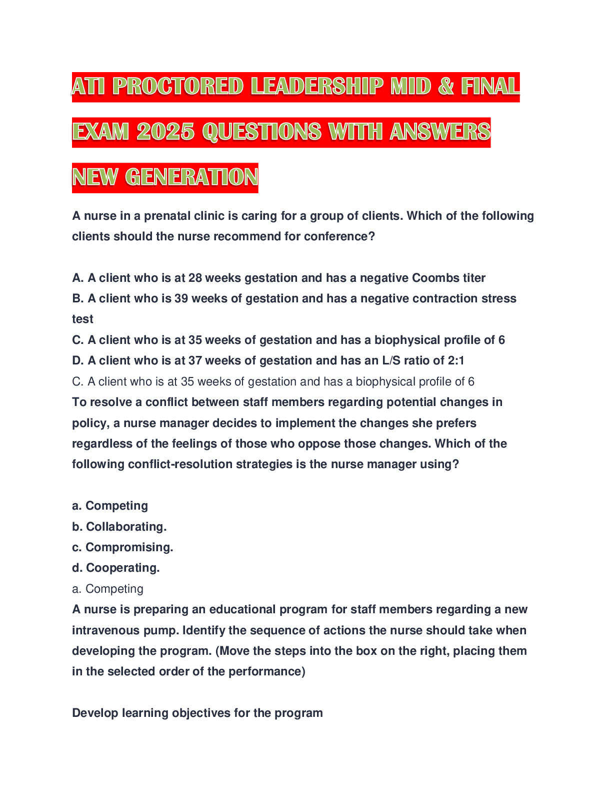 Preview of ATI PROCTORED LEADERSHIP MID & FINAL EXAM 2025 QUESTIONS WITH ANSWERS NEW GENERATION