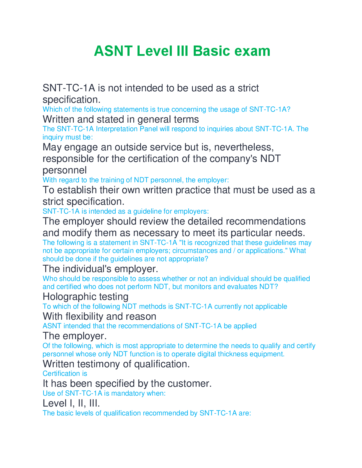 Preview of ASNT Level III Basic exam questions and answers 100% correct answers 2025