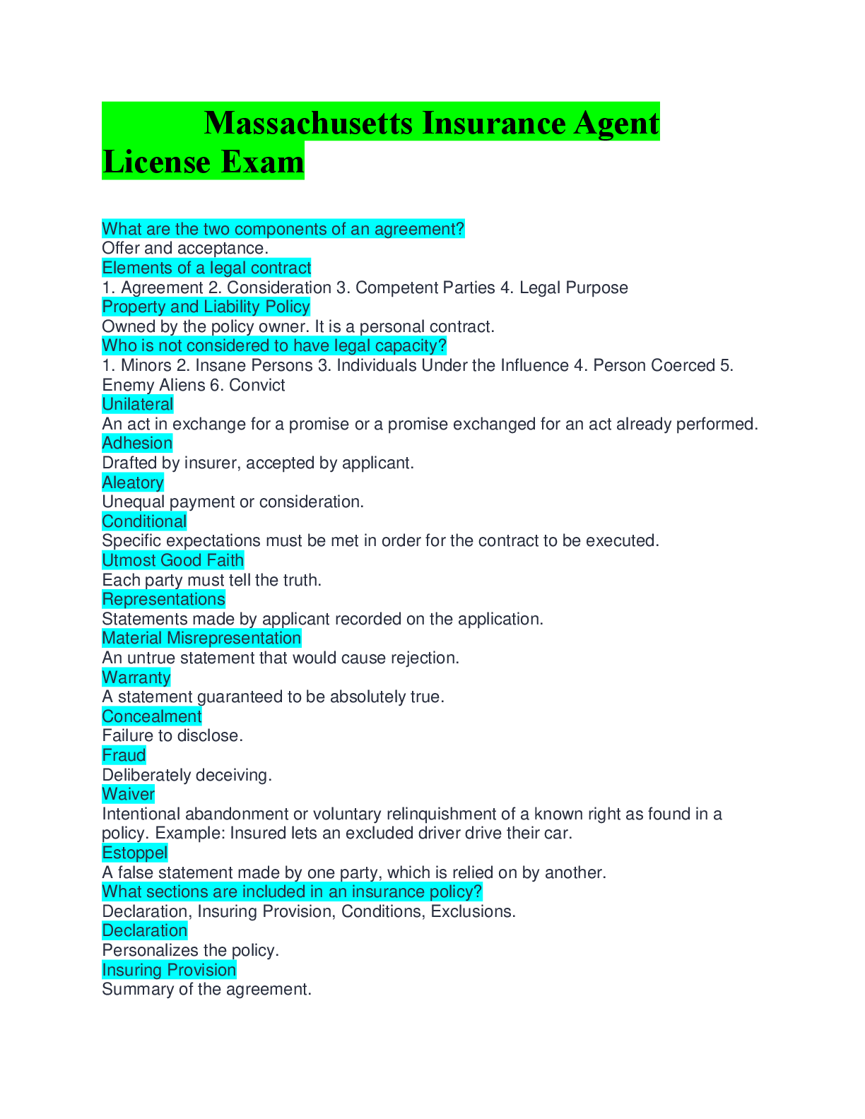 Preview of Massachusetts Insurance Agent License Exam questions and answer 100% complete solution 2025