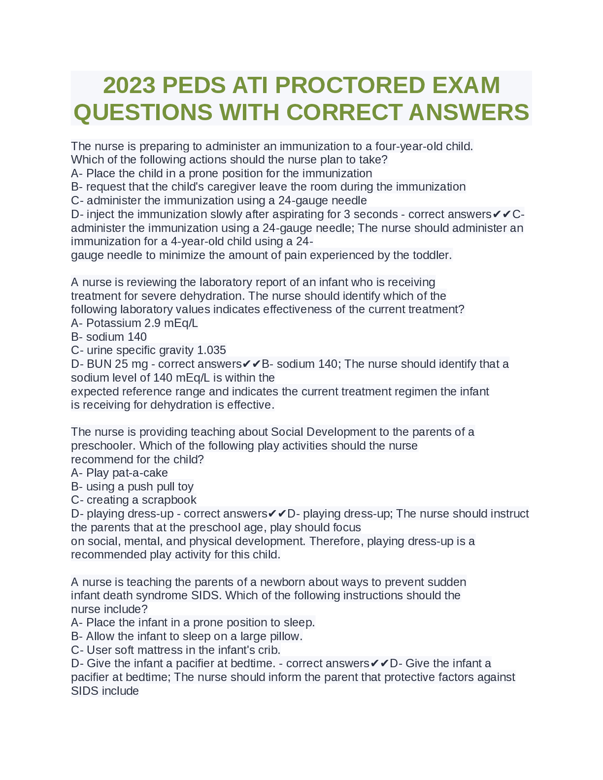Preview of 2023 PEDS ATI PROCTORED EXAM QUESTIONS WITH CORRECT ANSWERS